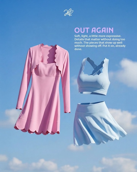 activewear set, sports outfit set, athletic dress, workout skirt set, tennis outfit, sports bra skirt set, new arrival, brand awareness, minimalist, editorial, fresh, playful, pink, blue, pastel